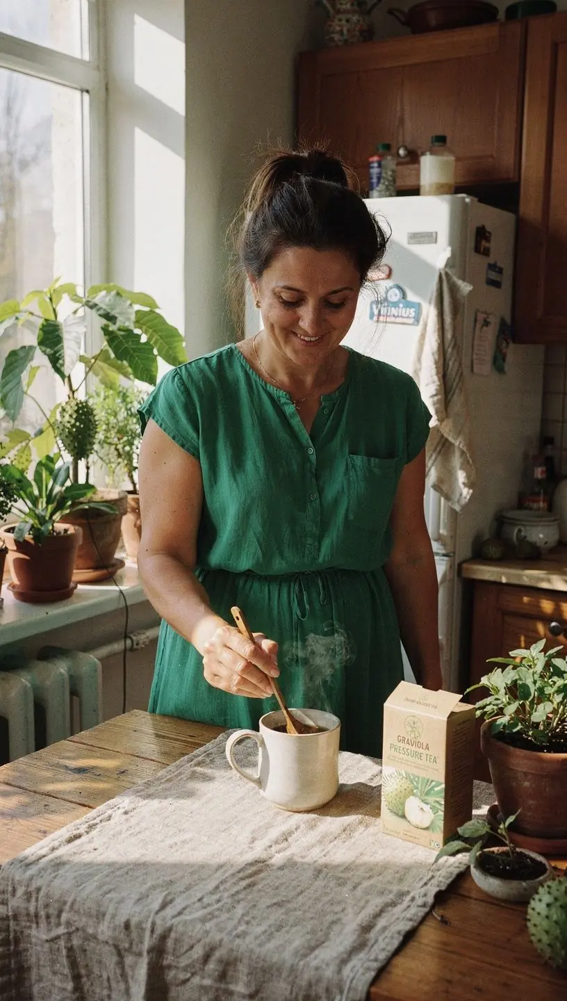 Graviola arbatos pakuotė su tropiniais vaisiais ir žalumynais.