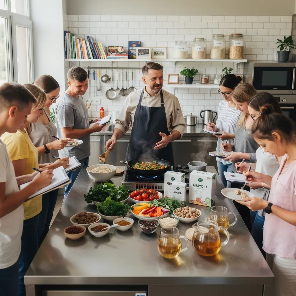 Arbatos paruošimo procesas, kur šviežios graviolos lapai užpilami karštu vandeniu.