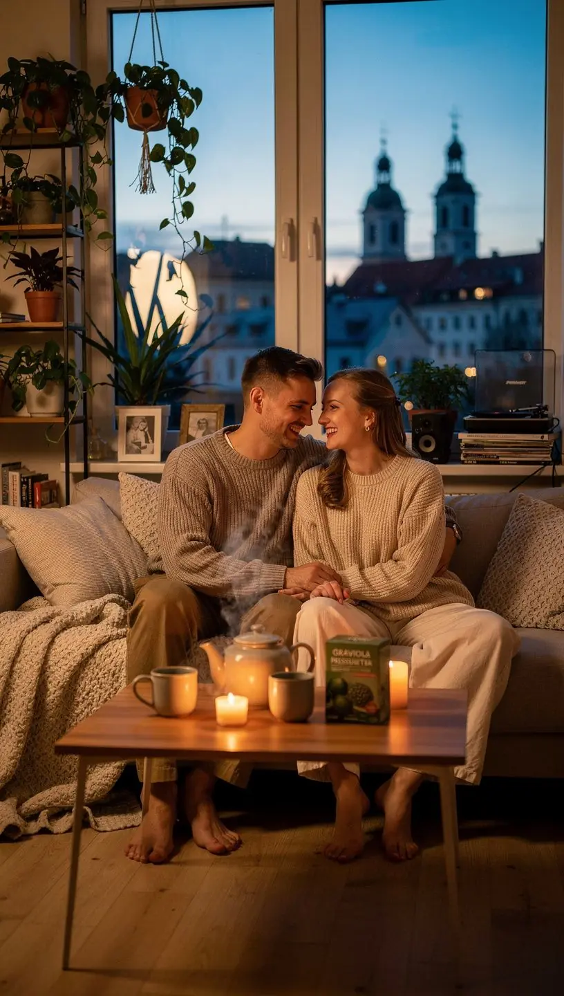 Graviolos arbatos puodelis su žaliais lapais ir vaisiais, pabrėžiantis tropinį skonį.